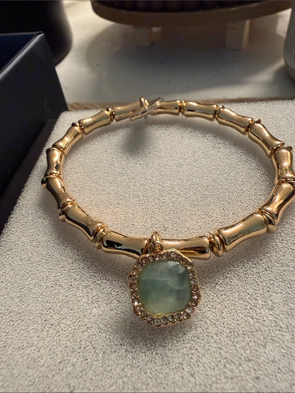 🌻Gold Bamboo Bangle Bracelet with Pale Green Stone Charm - Women Jewelry